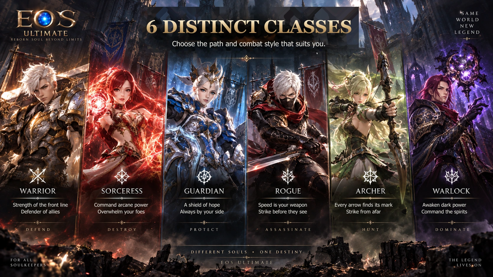 Six classes from left to right: Warrior · Sorceress · Guardian · Rogue · Archer · Warlock