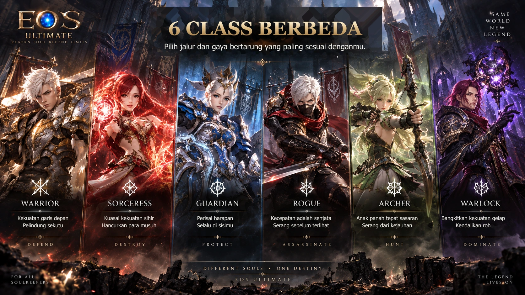 Enam class dari kiri ke kanan: Warrior · Sorceress · Guardian · Rogue · Archer · Warlock