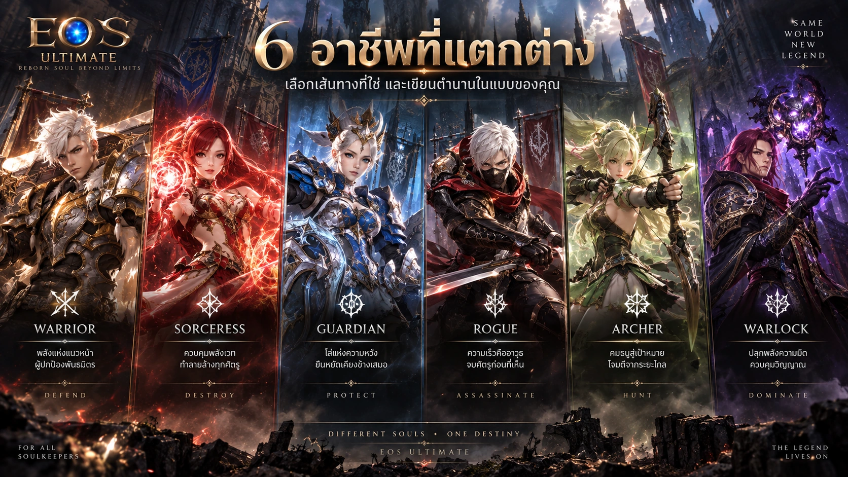 ภาพหกอาชีพเรียงจากซ้าย: Warrior · Sorceress · Guardian · Rogue · Archer · Warlock